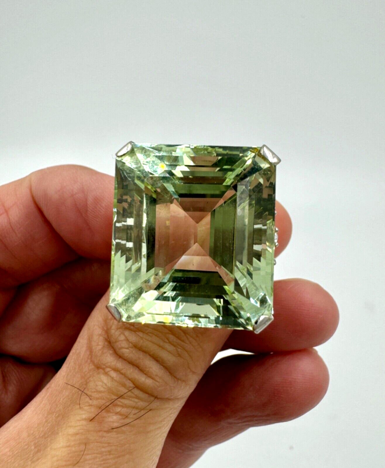 Huge Emerald Cut Green Beryl 14K White Gold Cocktail Ring