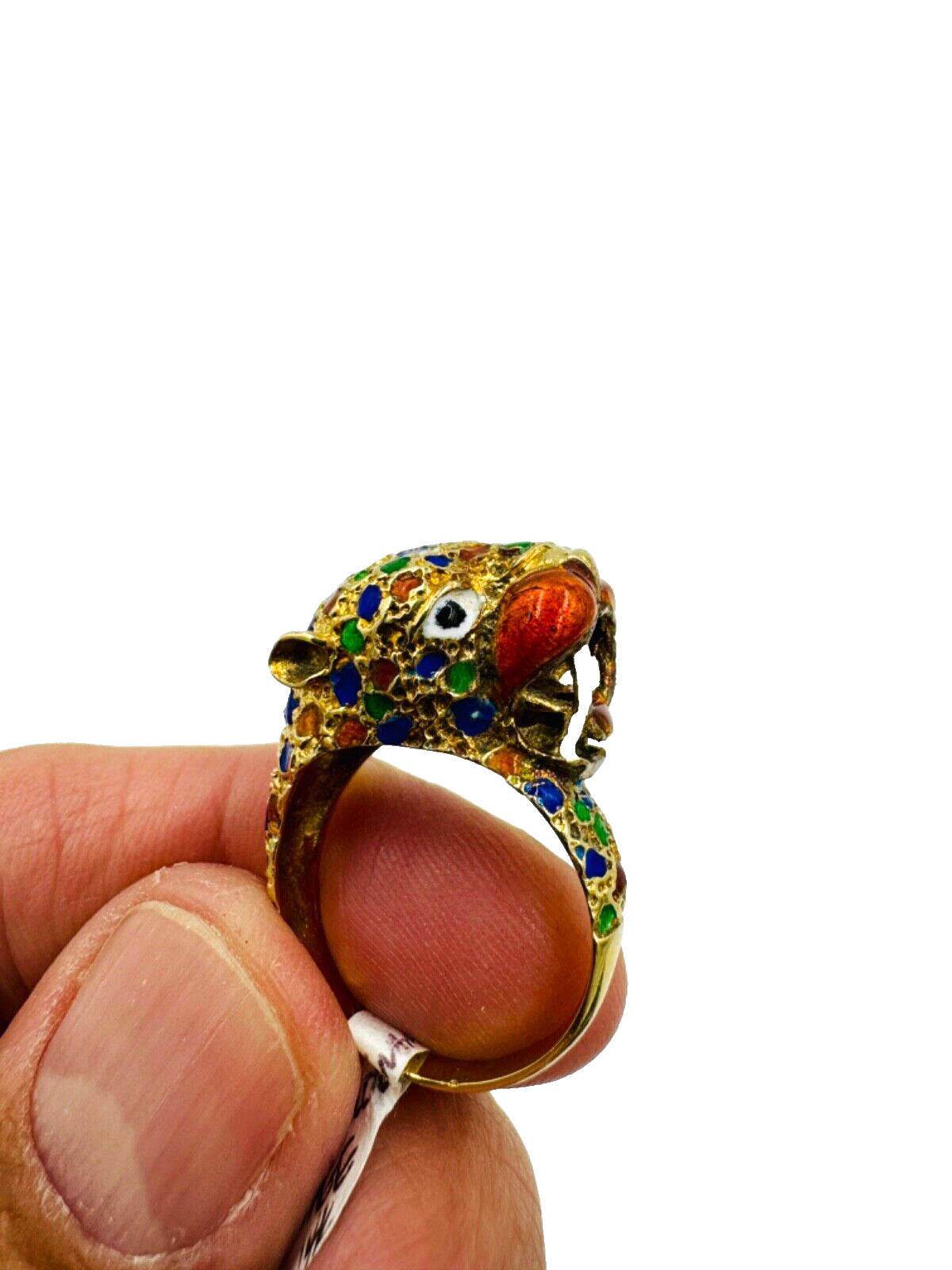 Estate 14k Yellow Gold  Leopard Ring Multi Color Enamel