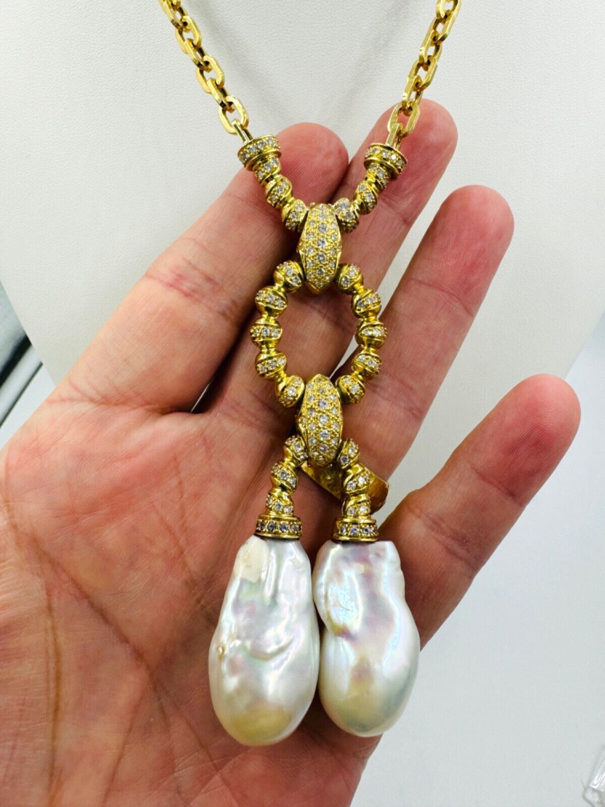 Estate Biwa Pearl Diamond Yellow Gold Dangle Pendant Necklace