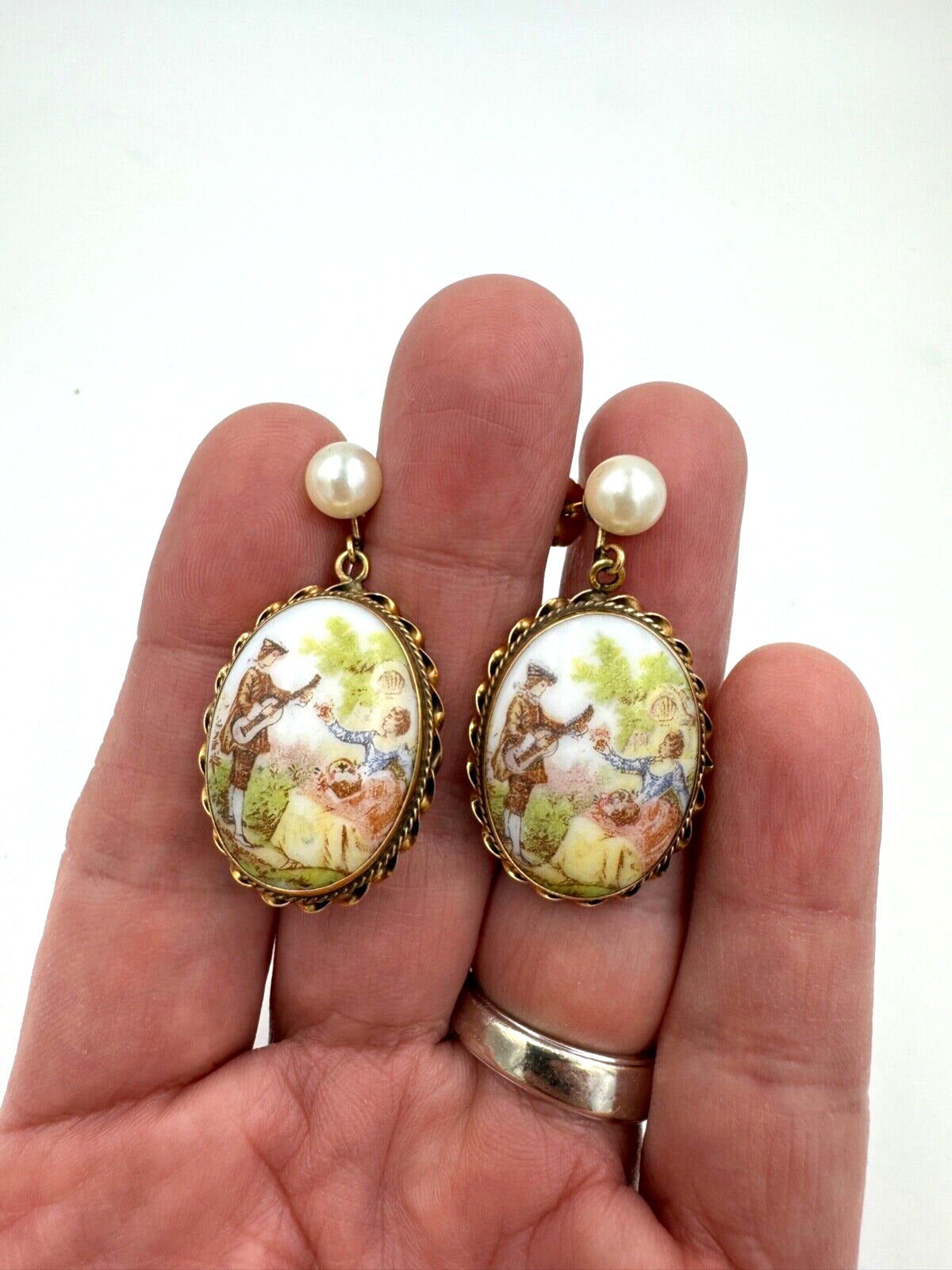 14K Limoges Fragonard large Porcelain Hand Painted Pearl Dangle Earrings