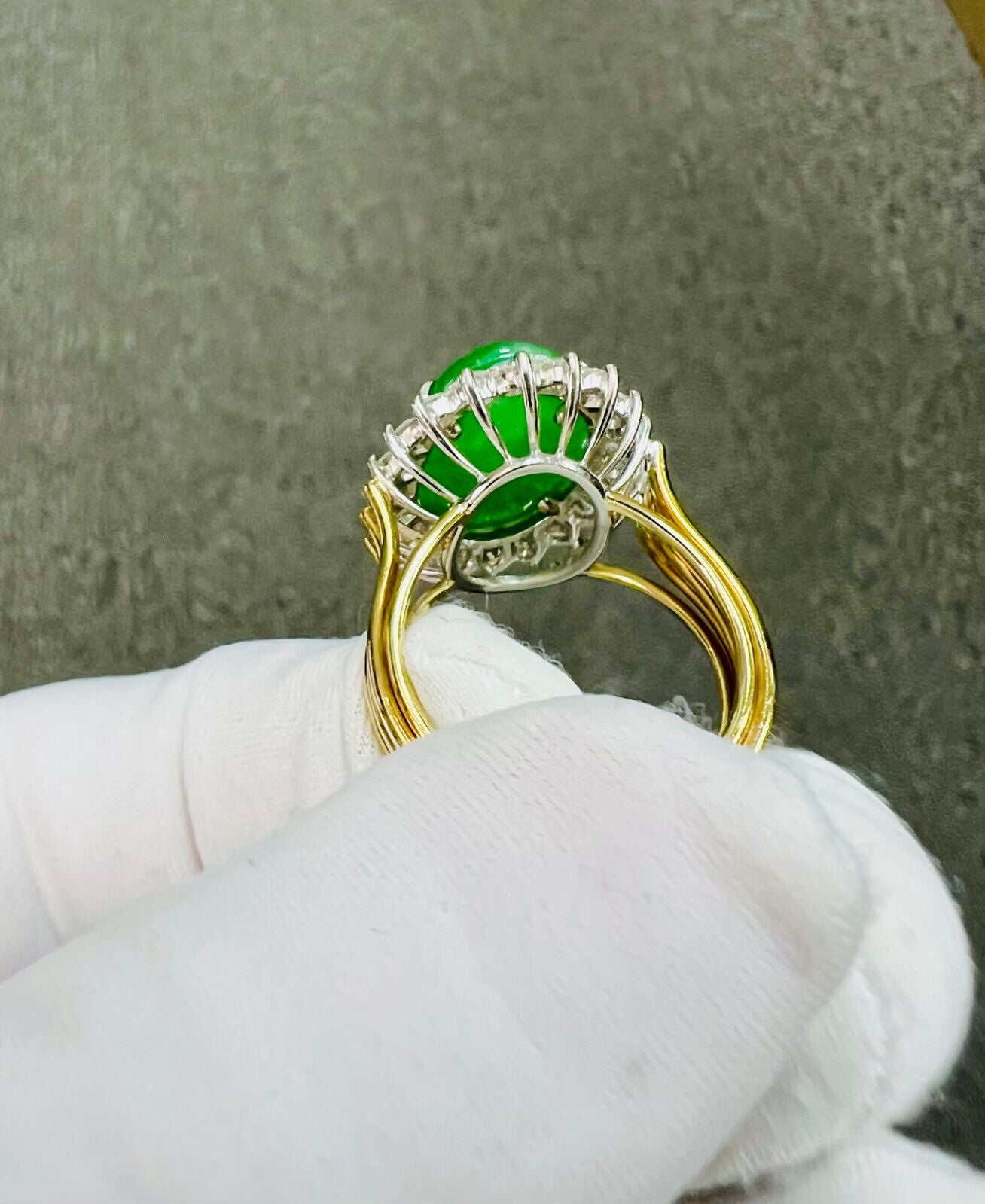 GIA Jade Diamonds Halo 18k Yellow Gold and Platinum Cocktail Ring