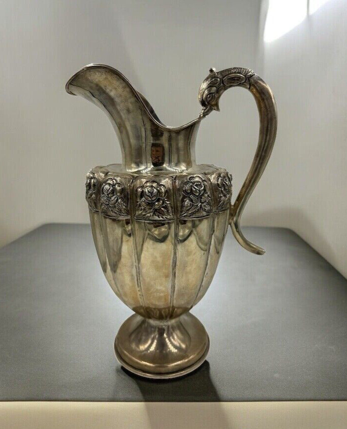 1940's Sterling Silver Water Pitcher From Mexico Fish Handle 11"