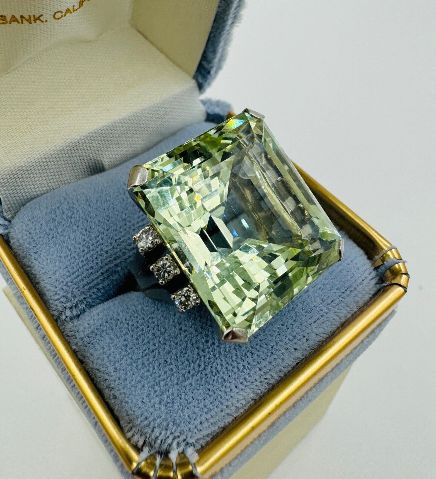 Huge Emerald Cut Green Beryl 14K White Gold Cocktail Ring