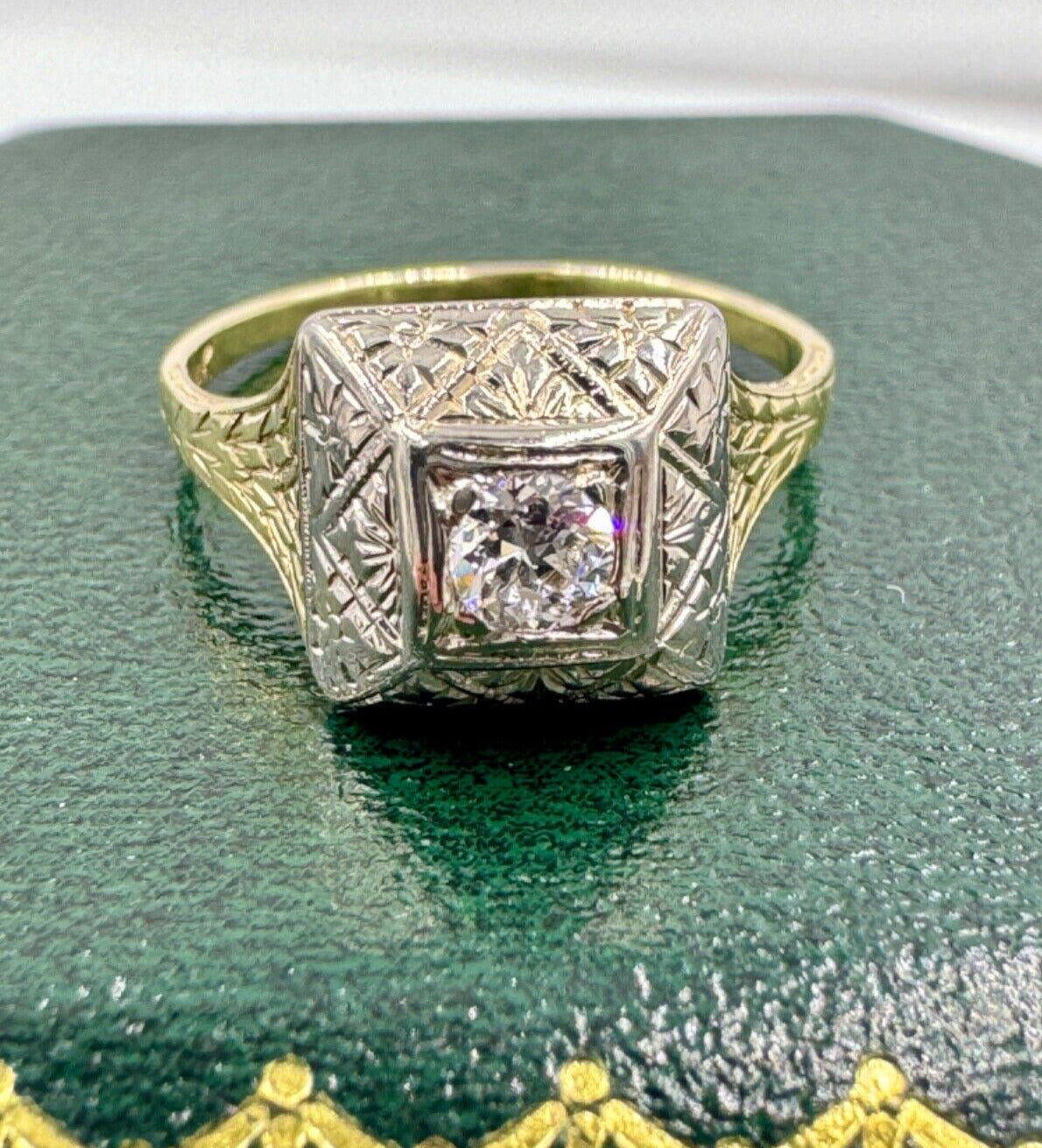 Art Deco 14k gold Diamond Ring Hand Etched .15cts