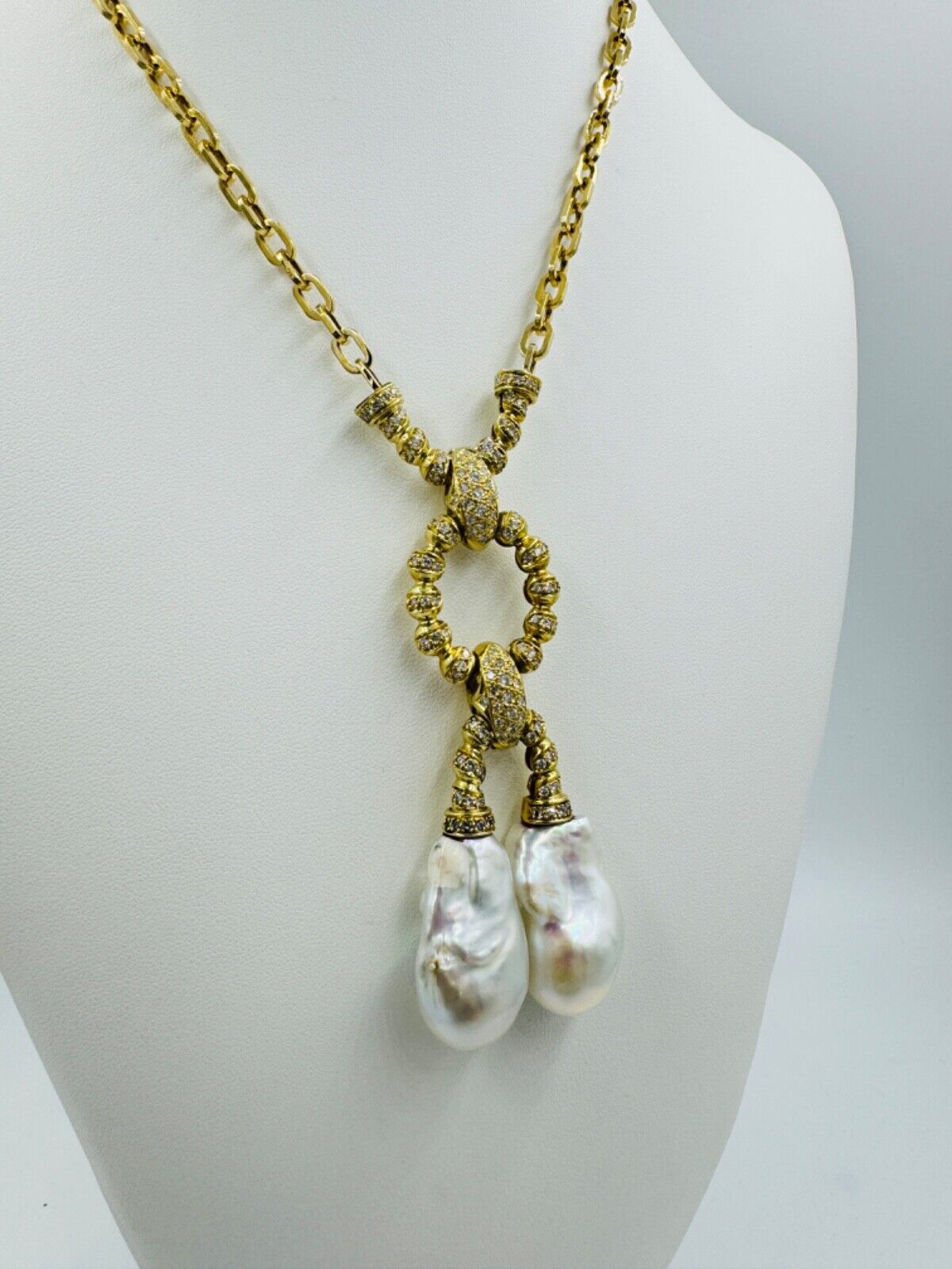 Estate Biwa Pearl Diamond Yellow Gold Dangle Pendant Necklace