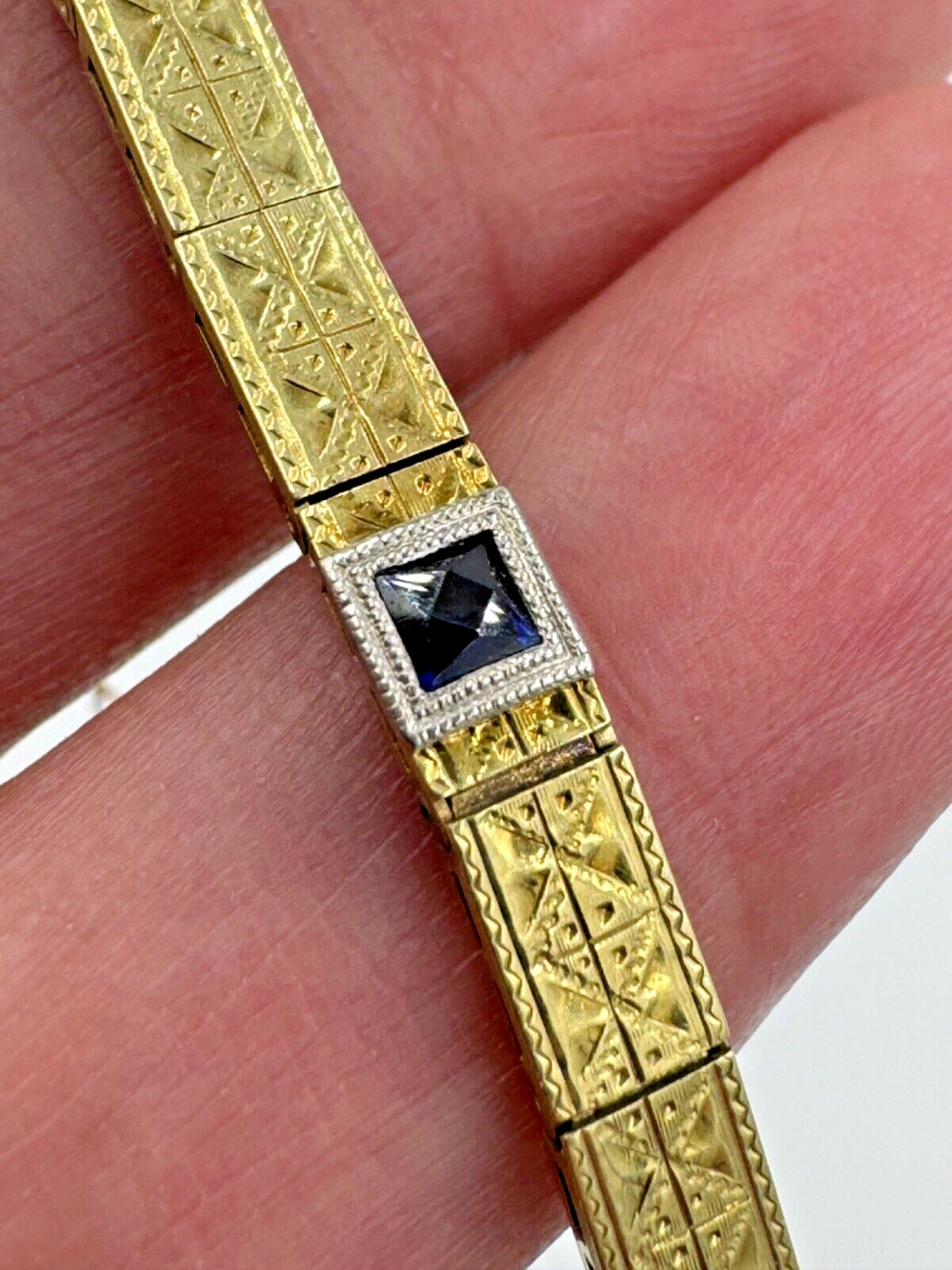 Authentic Art Deco 14k Yellow Gold Filigree Bracelet French Cut Sapphires