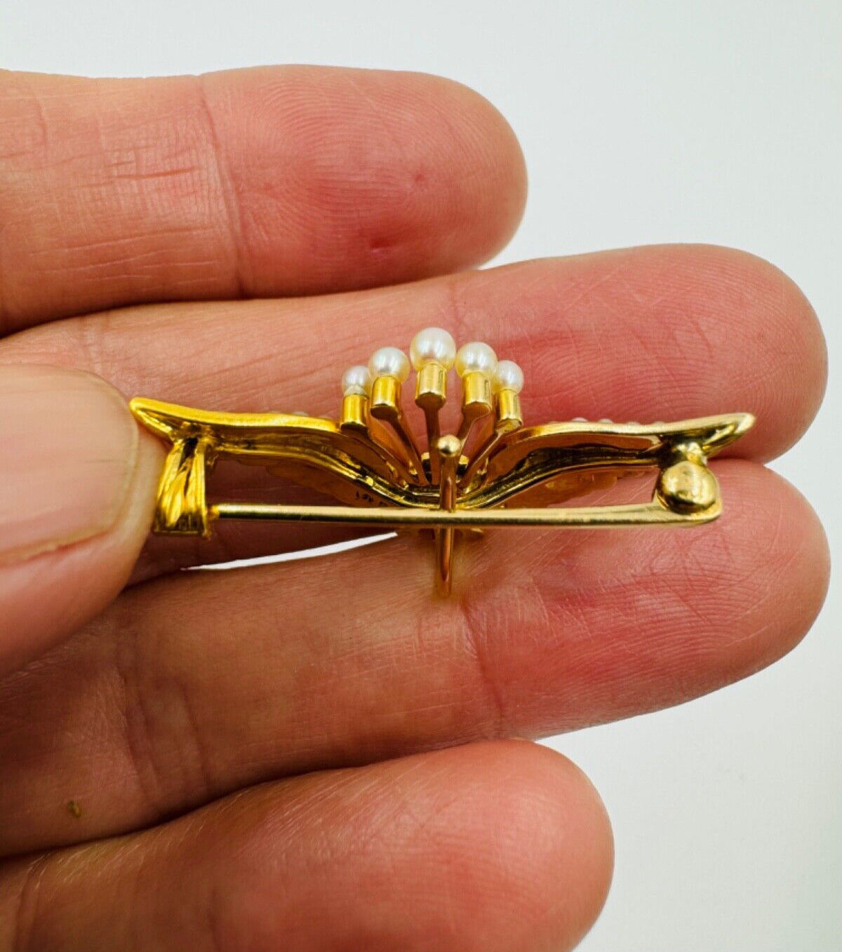 Hammerman Brothers 14K Yellow Gold Pearl Wings Crown Brooch Pin Vintage