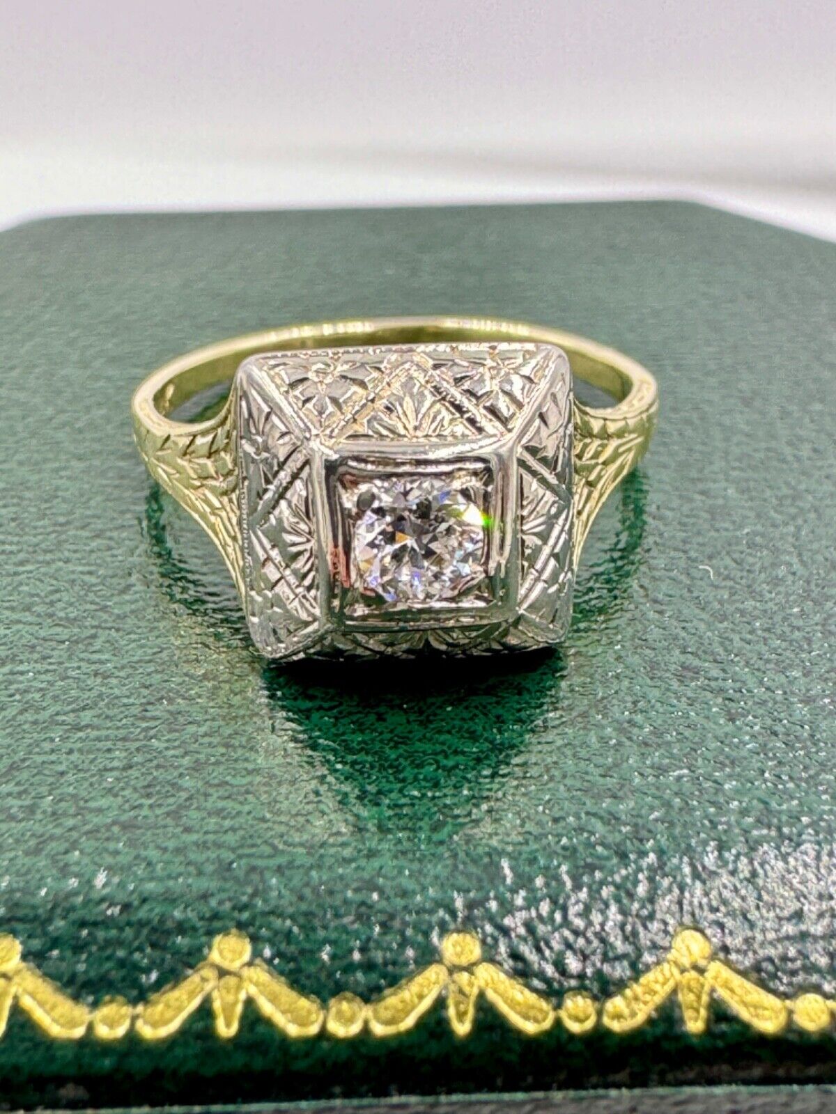 Art Deco 14k gold Diamond Ring Hand Etched .15cts