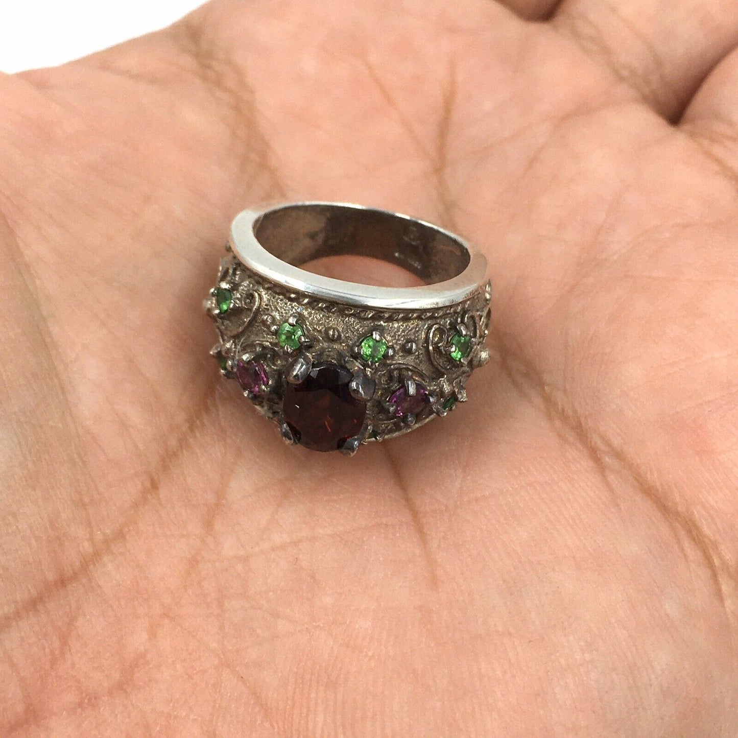 Garnet Amethyst Chrome Diopside Oxidized Sterling Silver Ring Size 5.5