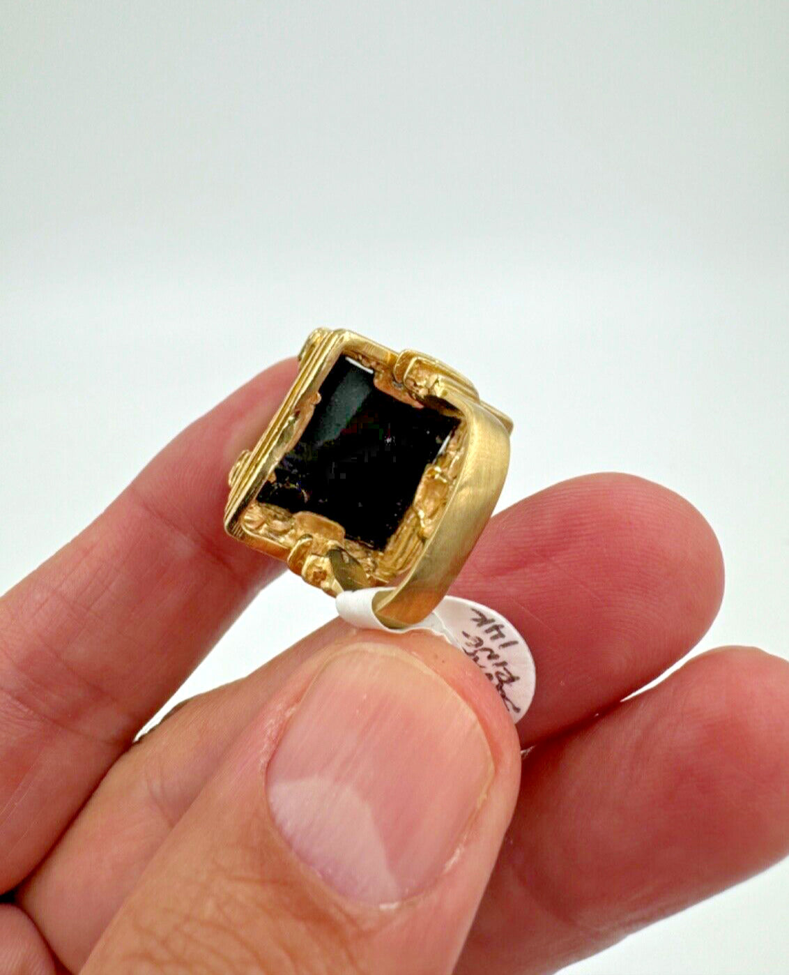 Abstract 14k Gold Square Black Onyx Ring Designer signed