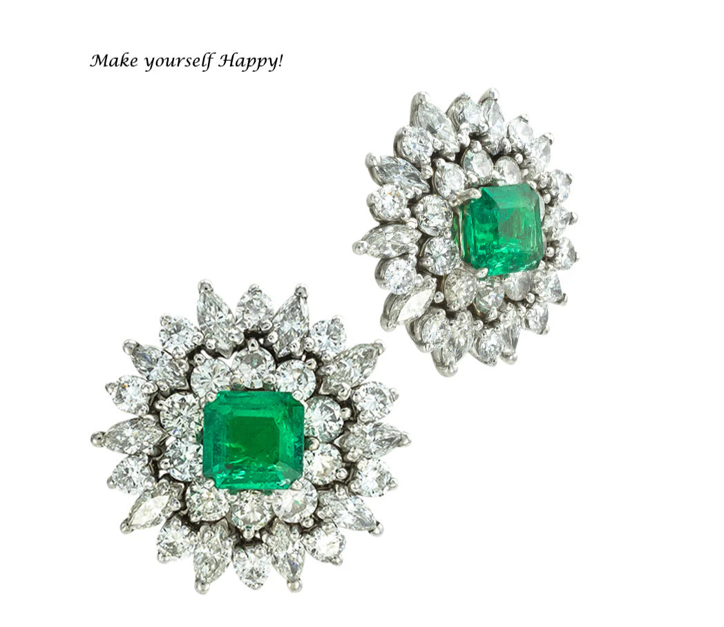 Estate Emerald Diamond Platinum Cluster Earrings