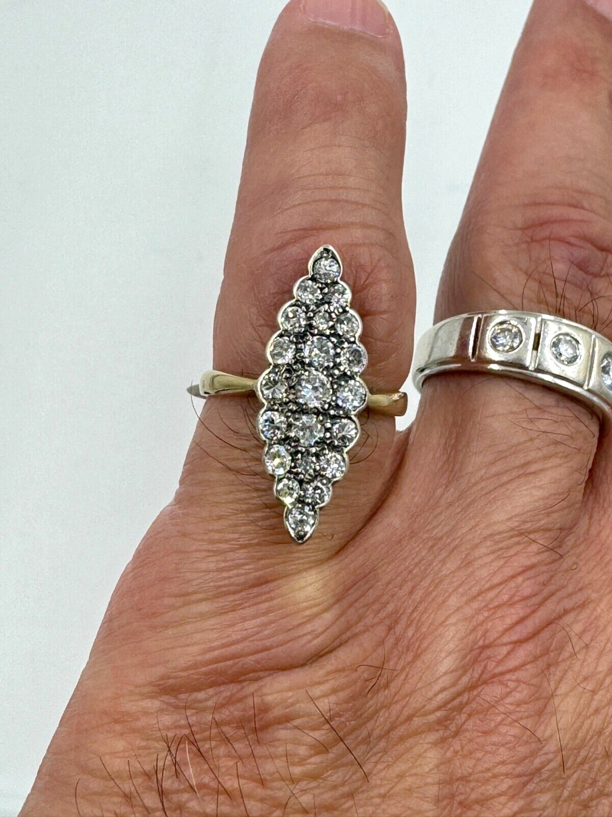 Antique 18K Gold Diamond Silver Top Cluster Navette Ring