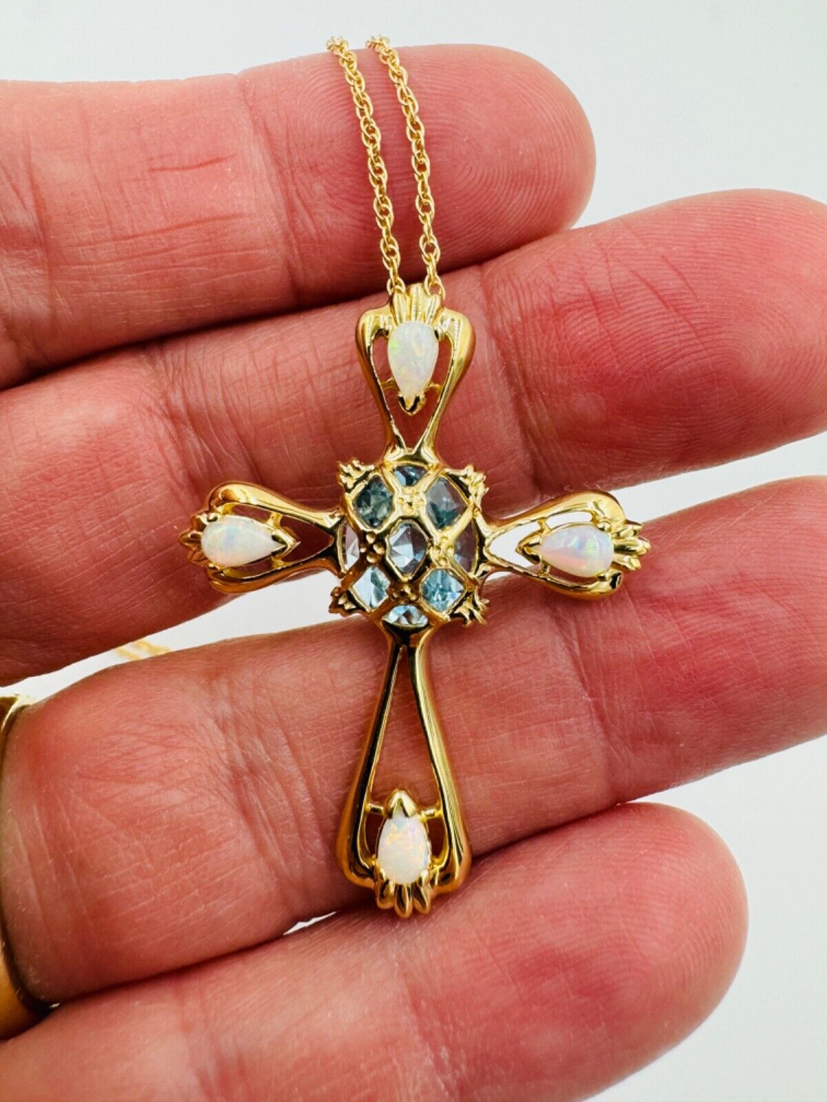 Estate 14k yellow gold Opal Topaz Cross Necklace Pendant