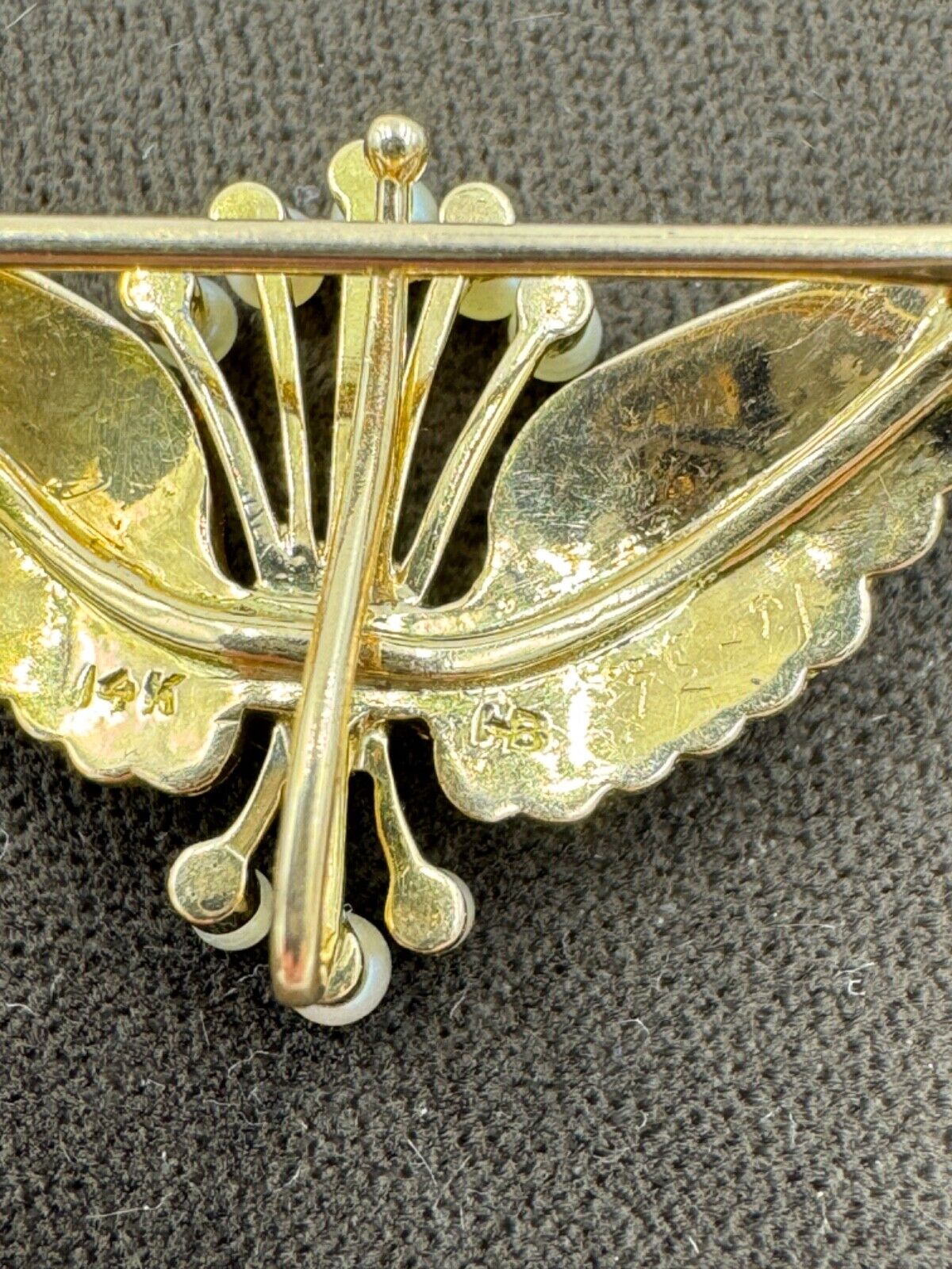 Hammerman Brothers 14K Yellow Gold Pearl Wings Crown Brooch Pin Vintage