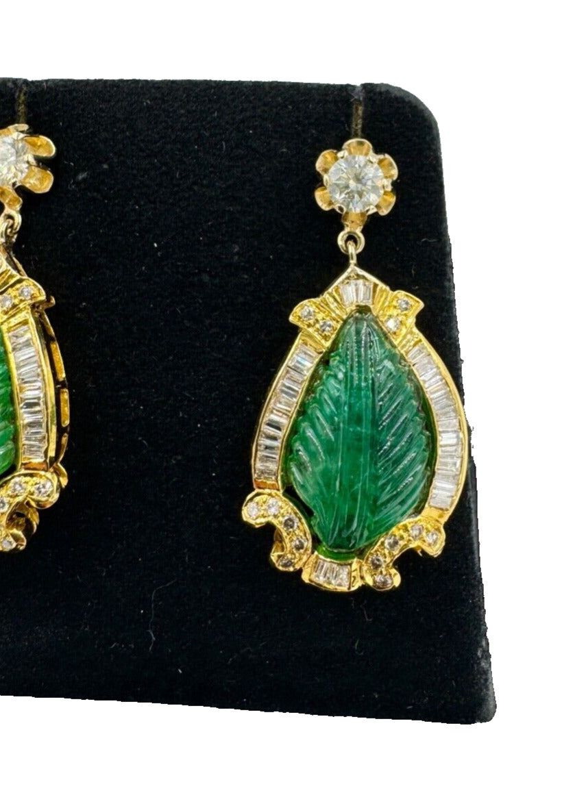 Vintage Carved Emerald Diamond Gold Dangle Earrings