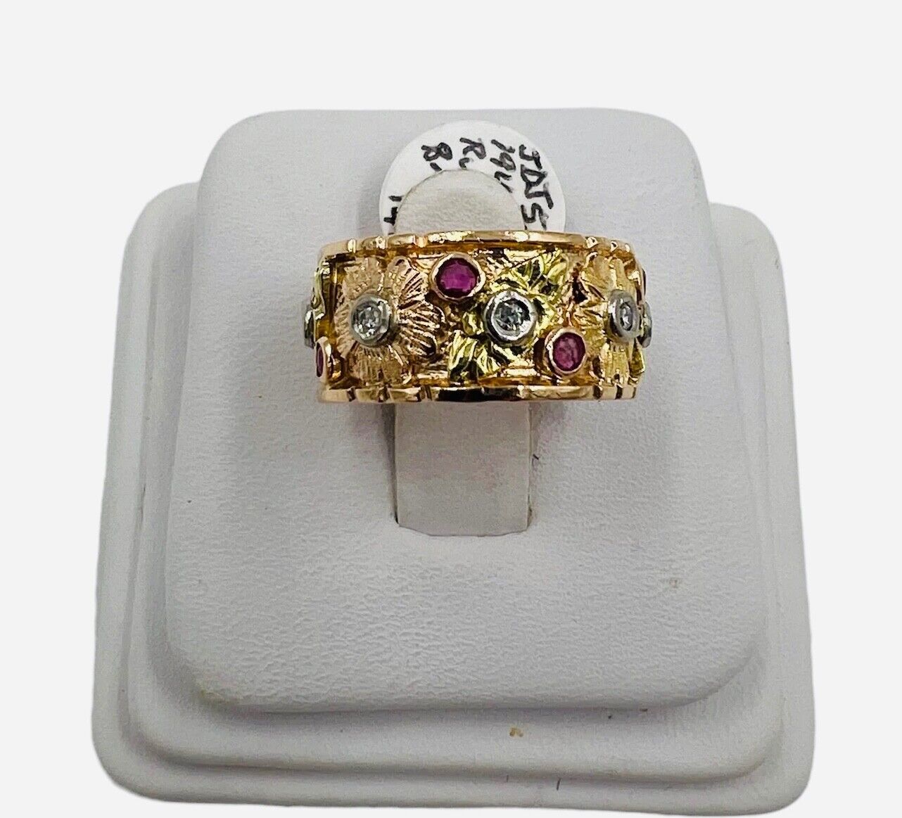 1940s Retro 14k Rose Gold Ruby Diamond 9mm Wide Band Ring