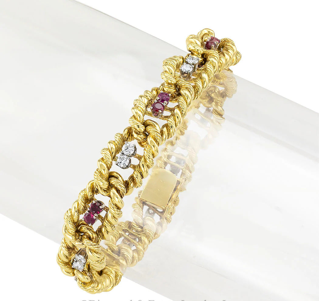 Estate 18k Gold Ruby and Diamond bracelet 7" long