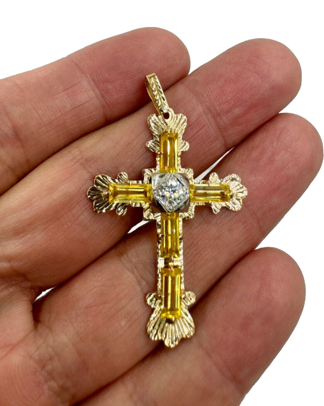 Estate Italian 18k Yellow Gold Diamond and Yellow Stone Cross Pendant