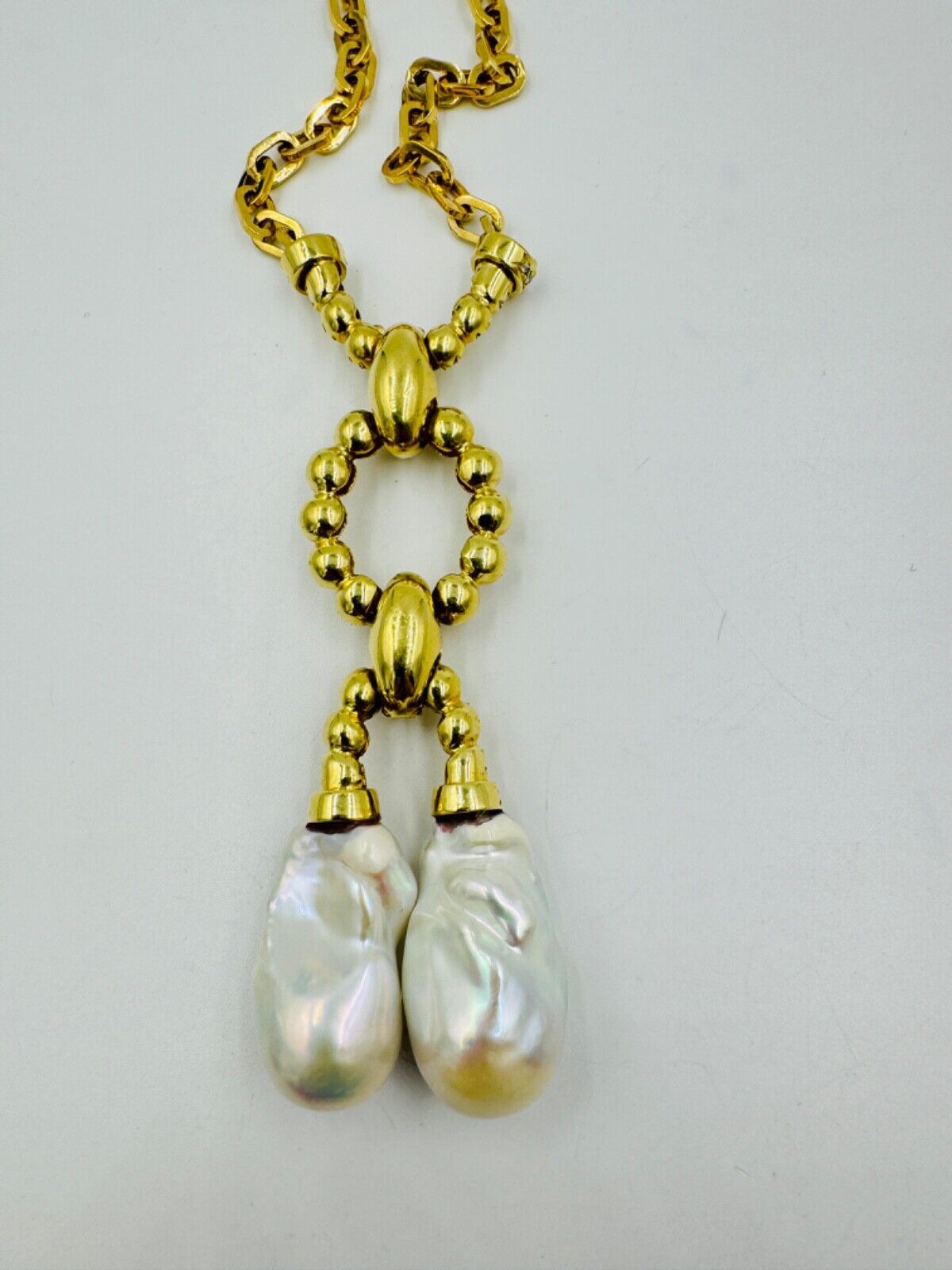 Estate Biwa Pearl Diamond Yellow Gold Dangle Pendant Necklace