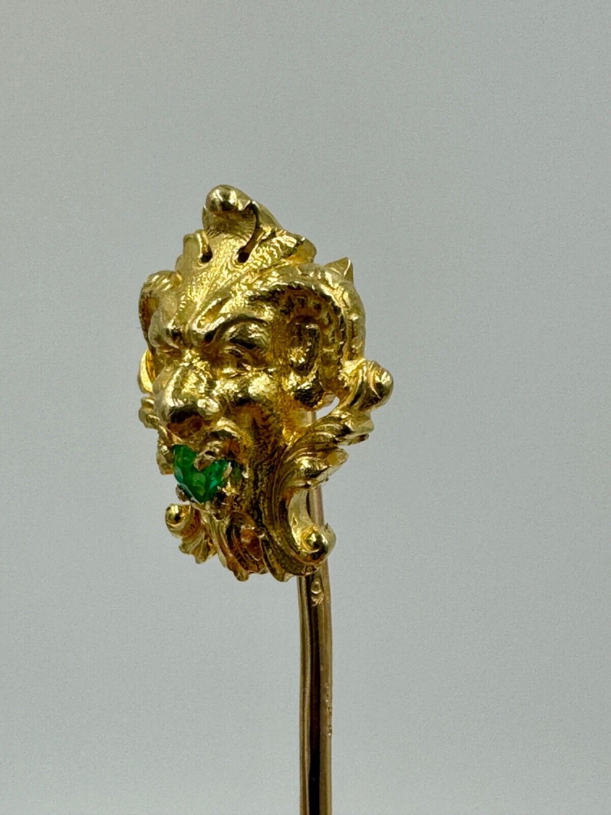 Antique French  18k gold Mythical figure stick pin Hat pin Emerald