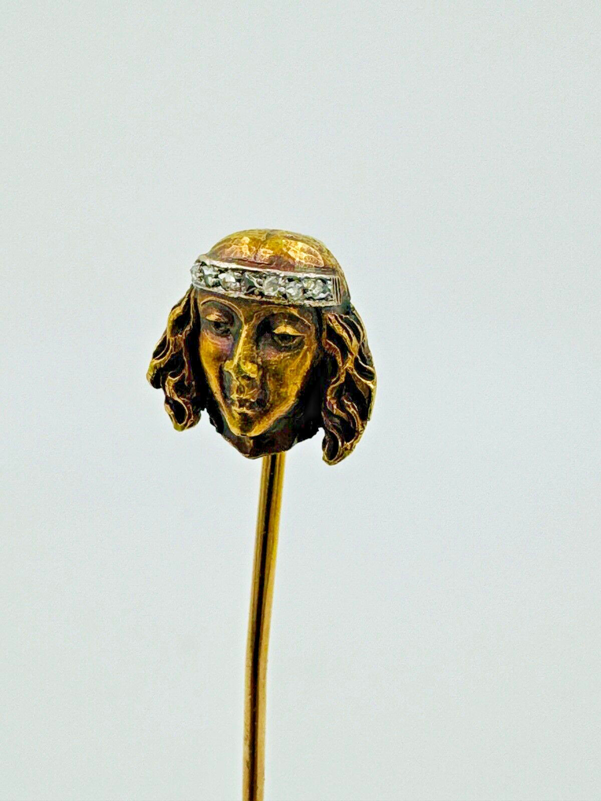 18k gold Art Nouveau Lady stick pin with Rose Cut Diamonds