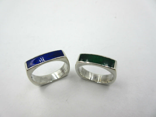 Siam Sterling Silver Blue & Green Enamel Ring Wedding Band Set of 2