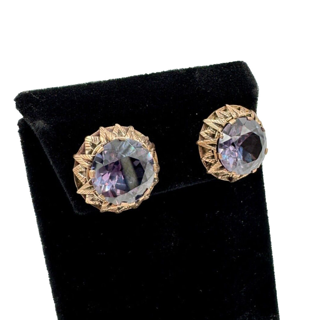 Vintage 9k  ct Gold Synthetic Change Sapphire Clip on Earrings Rose Gold