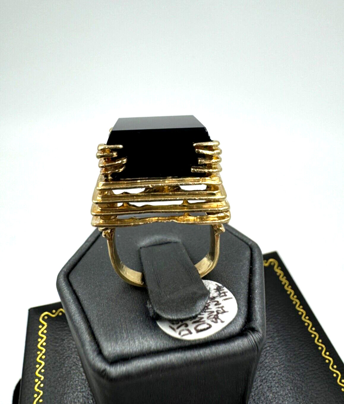 Abstract 14k Gold Square Black Onyx Ring Designer signed