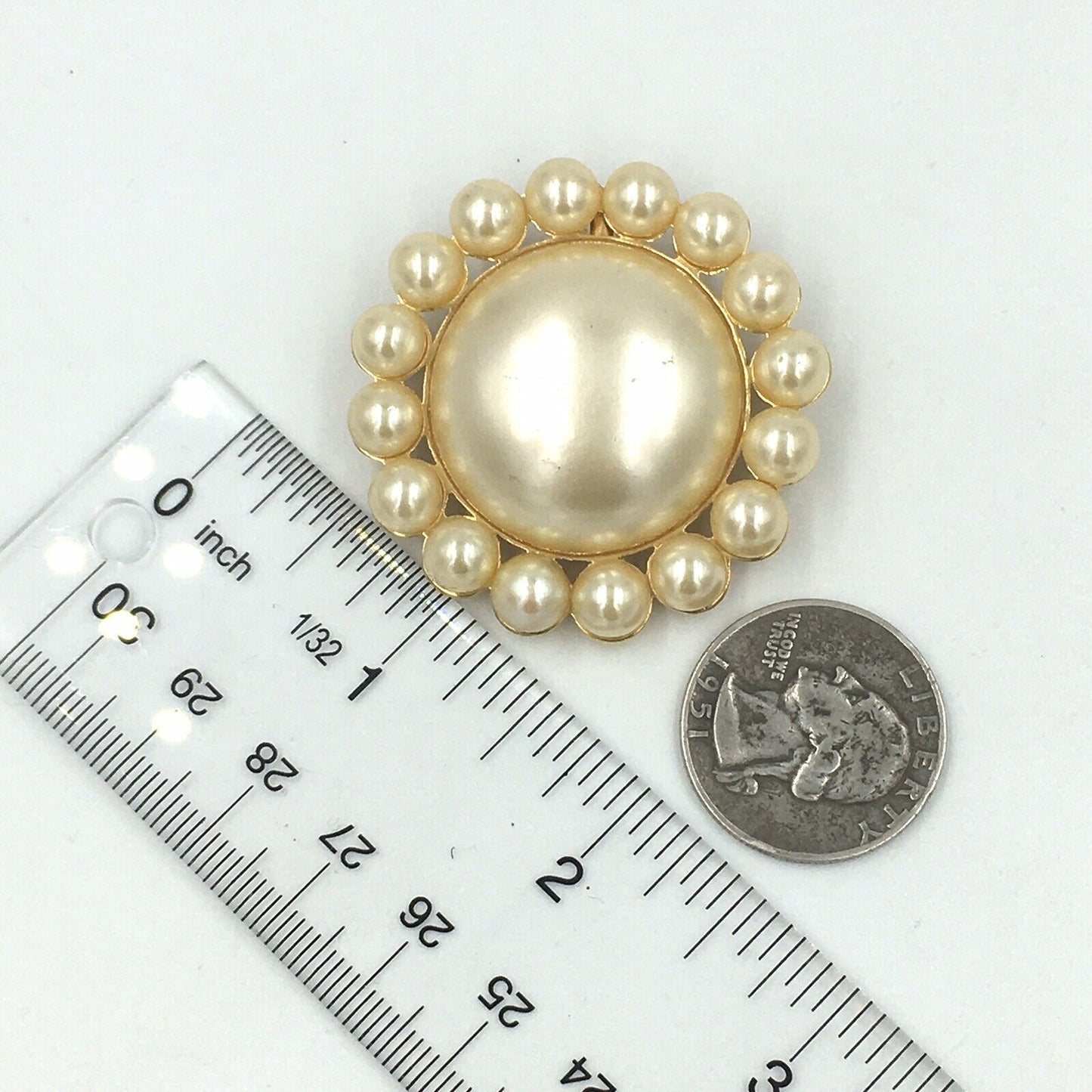 Kenneth Jay Lane Faux Pearl Gold Tone Circular Pendant Brooch Pin