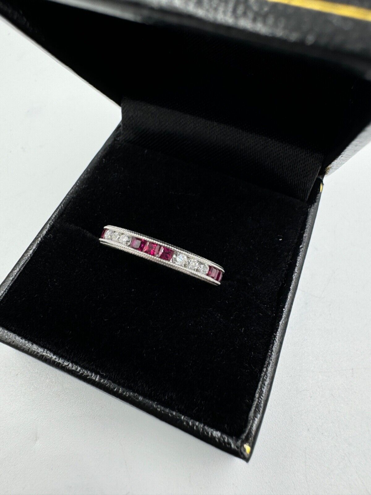 Platinum Ruby and Diamond Etched Band Ring 3mm