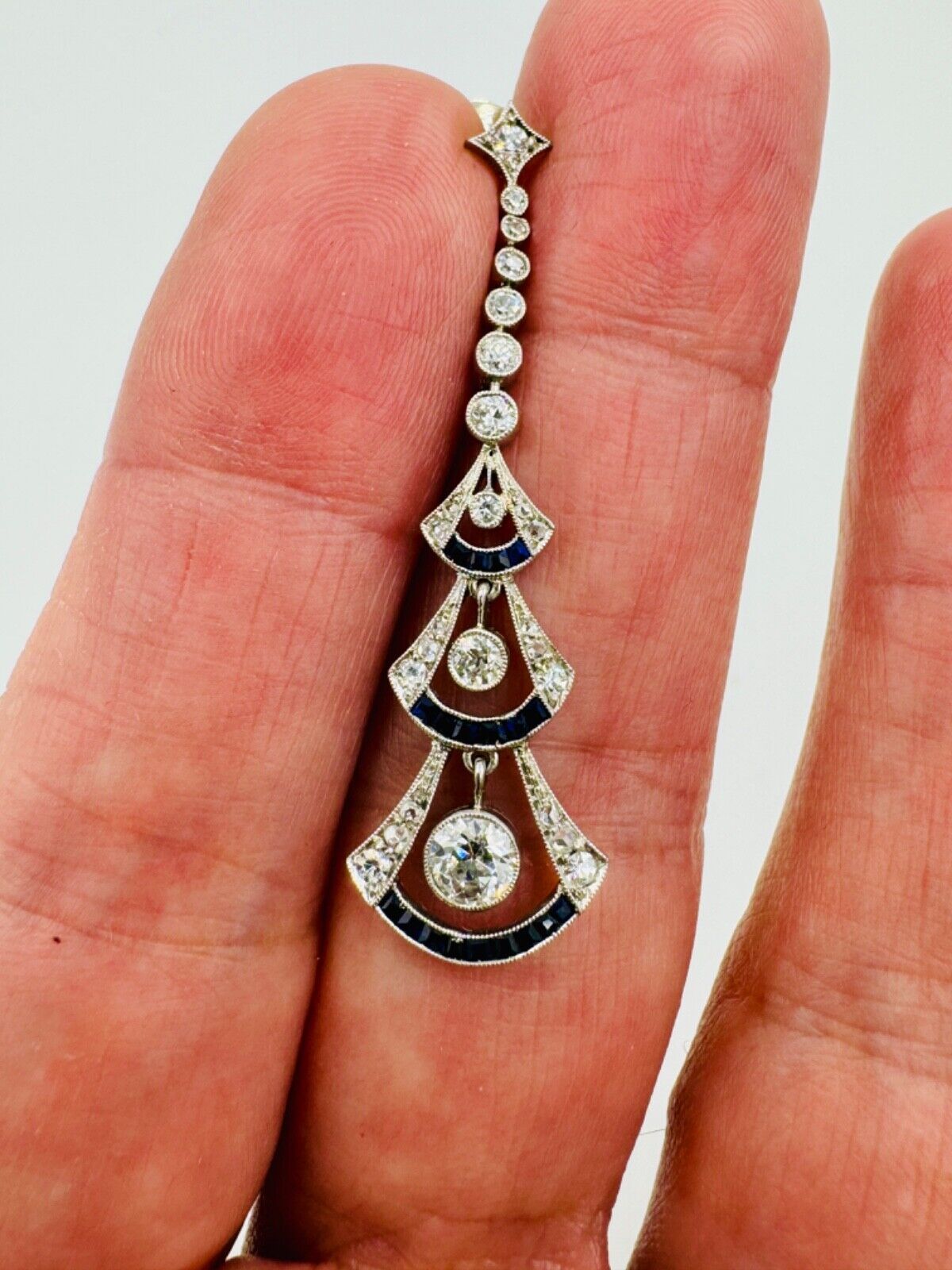 Art Deco Diamond Sapphire Platinum Dangling Earrings