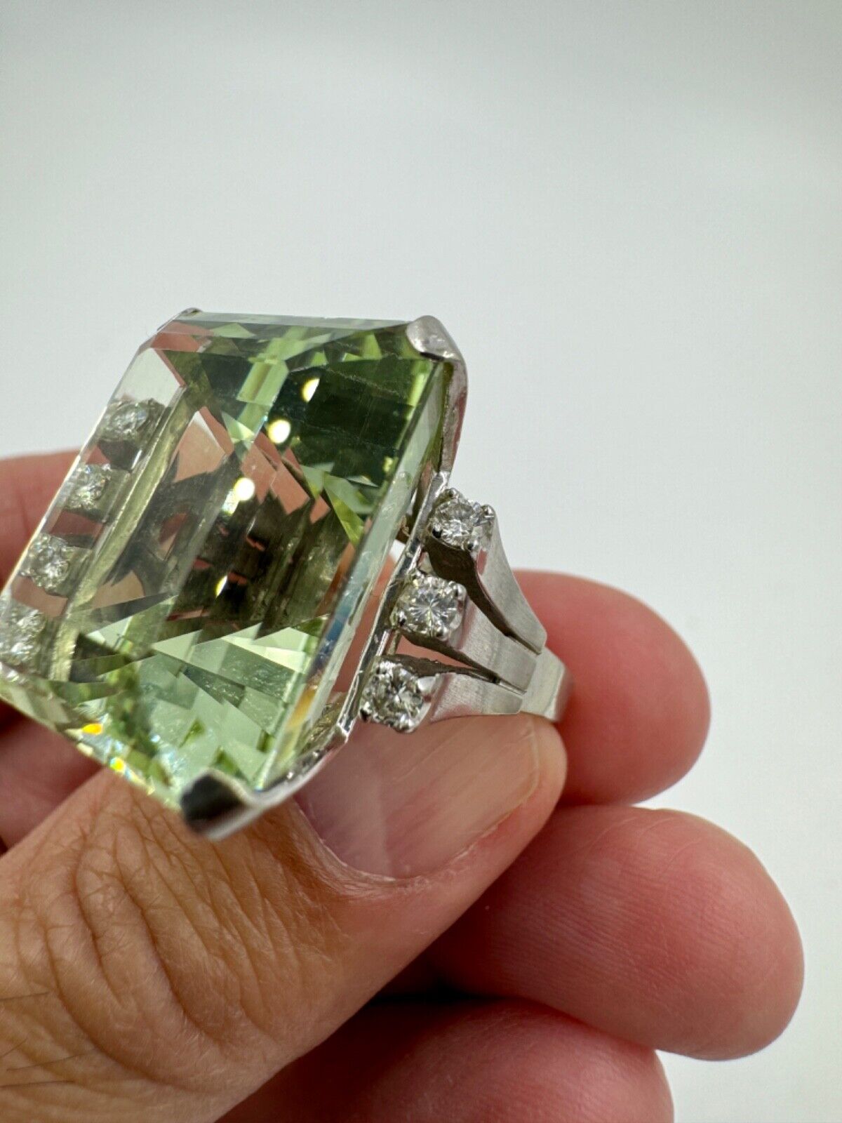 Huge Emerald Cut Green Beryl 14K White Gold Cocktail Ring