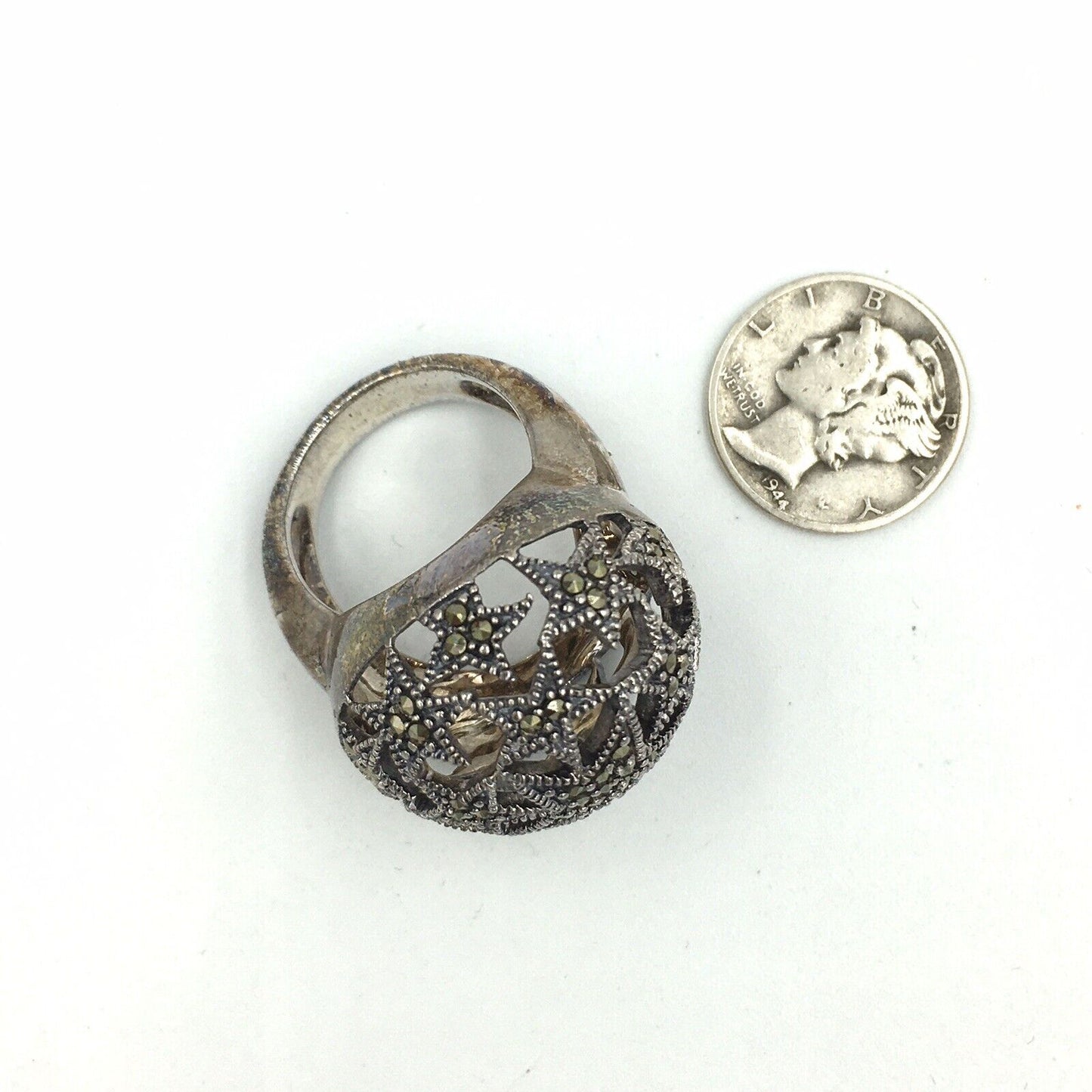 Marcasite Star Dome Sterling Cocktail Ring Size 6.75