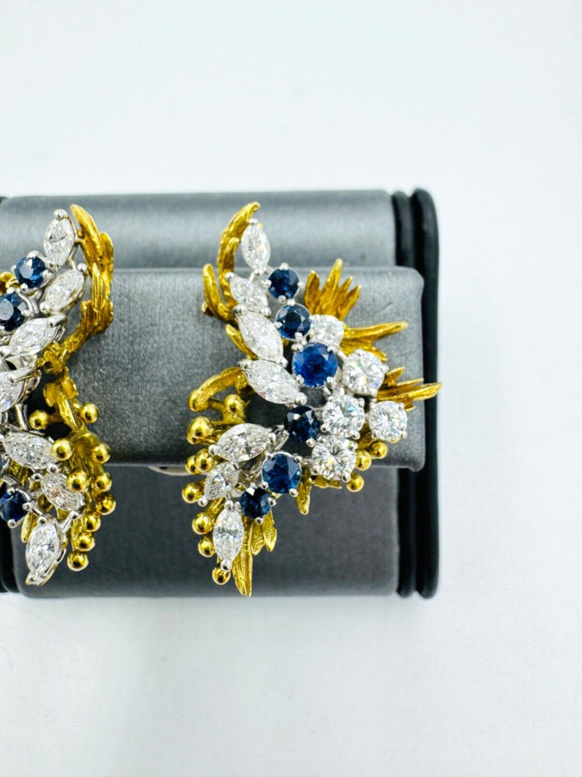 Estate 18k / Platinum Diamond Sapphire Earrings Circa 1970's