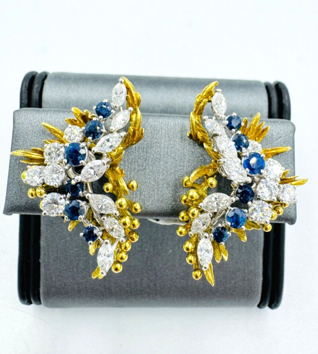 Estate 18k / Platinum Diamond Sapphire Earrings Circa 1970's