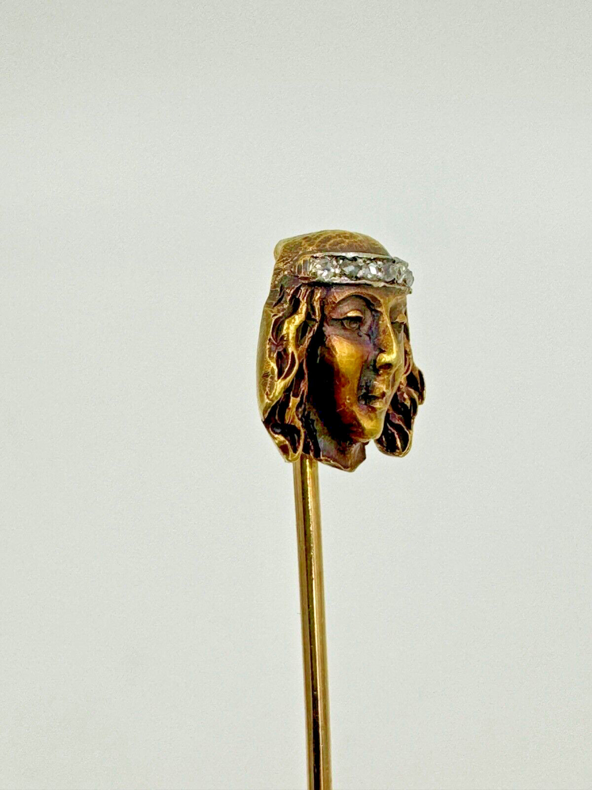 18k gold Art Nouveau Lady stick pin with Rose Cut Diamonds