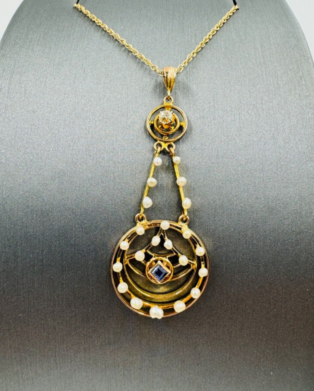 Antique Art Nouveau 10k Gold Sapphire and Pearl LAVALIER Dangle Pendant Necklace