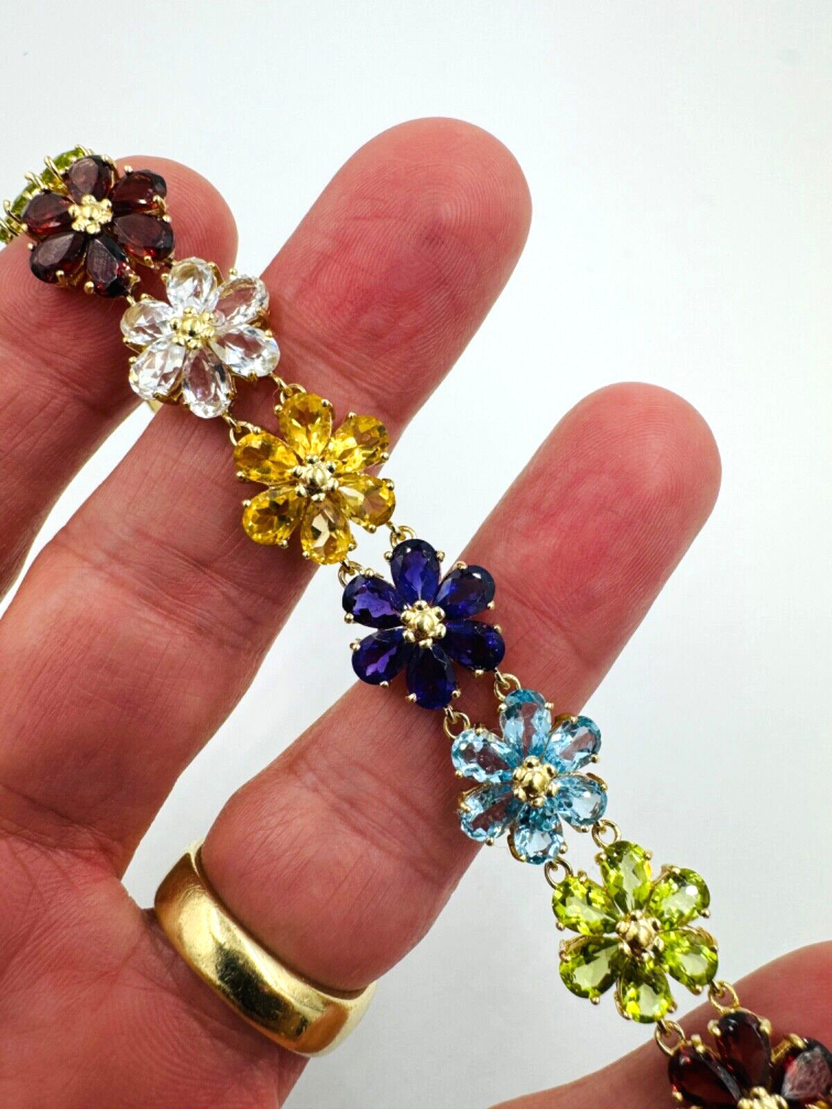 14k Yellow Gold Multi Gemstone Flower Link bracelet Signed