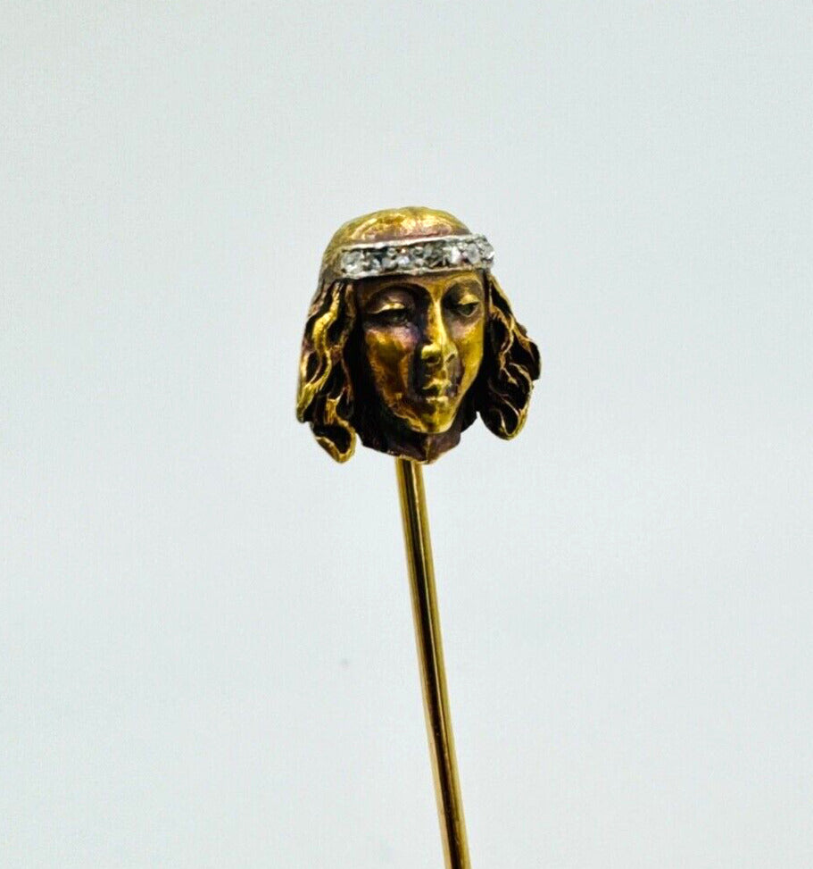 18k gold Art Nouveau Lady stick pin with Rose Cut Diamonds