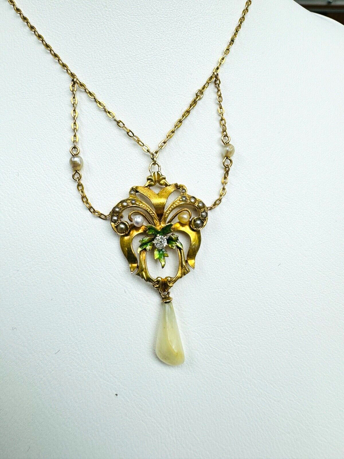 Antique 10k Lavalier  Diamond Pearl Pendant Necklace Enamel