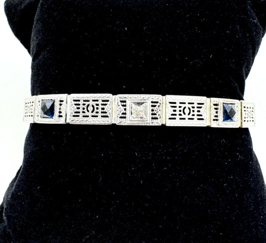 Ostby Barton Art Deco 14k White Gold Filigree Bracelet Swiss Cut Blue Stones