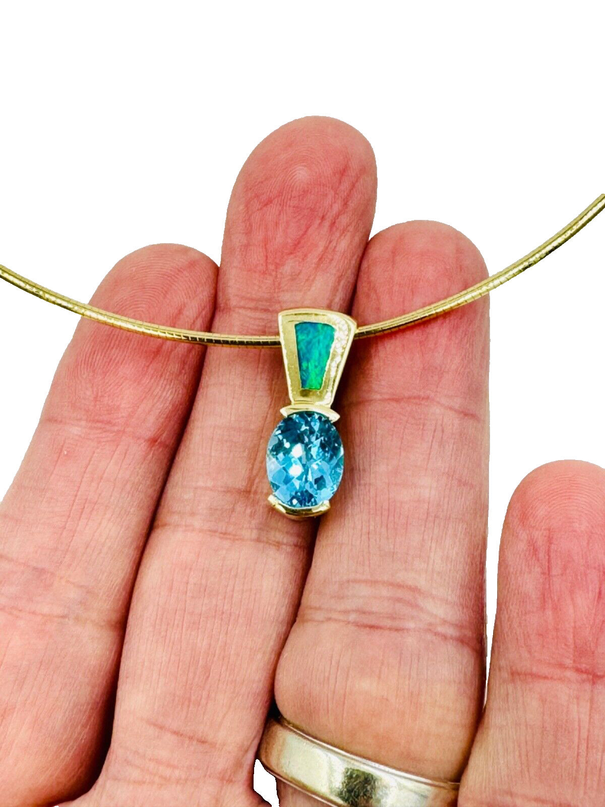 14k yellow Gold Opal and Blue Topaz  Pendant Necklace