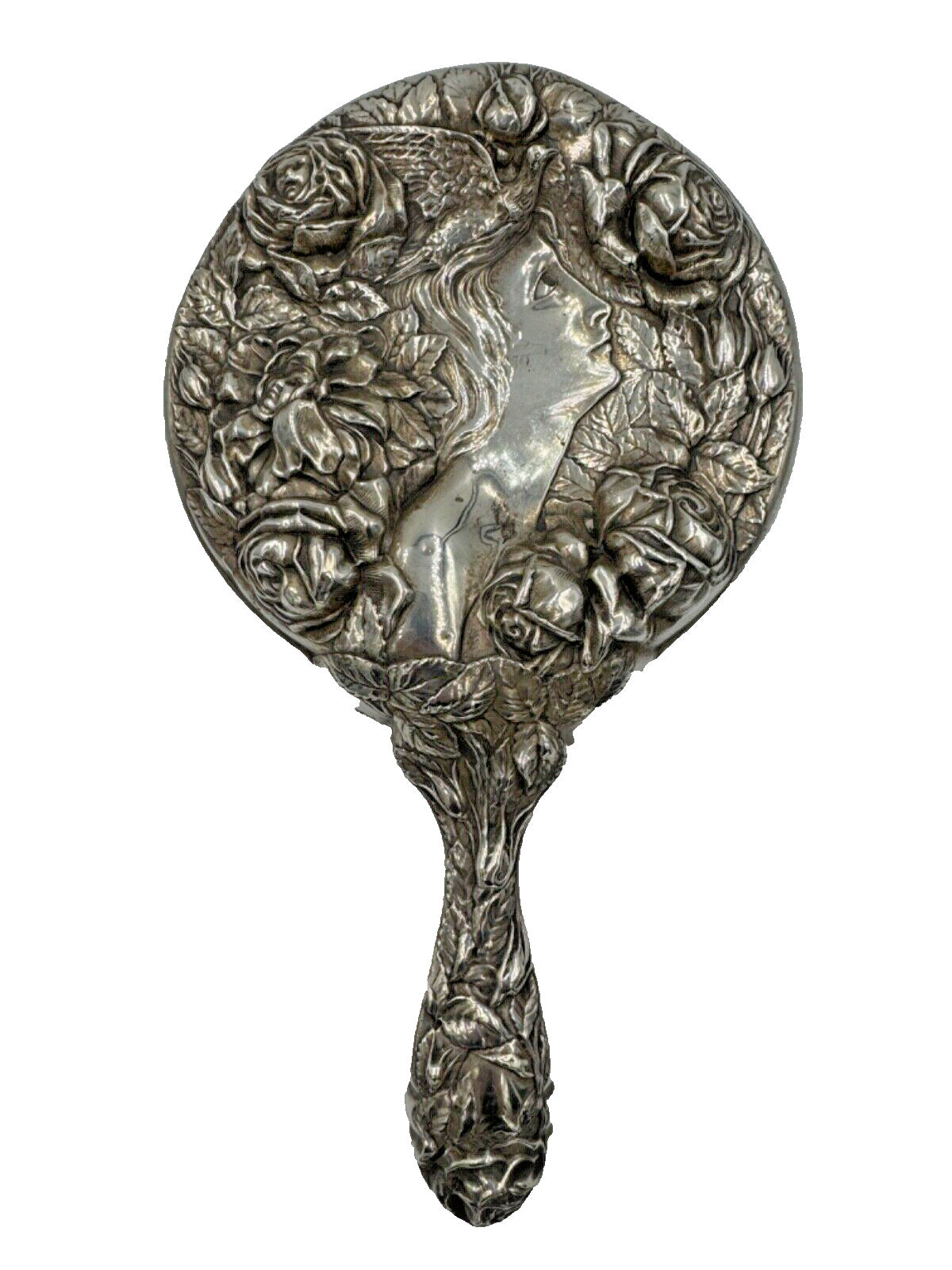 Antique Foster & Bailey Sterling Silver Repousse Hand Mirror