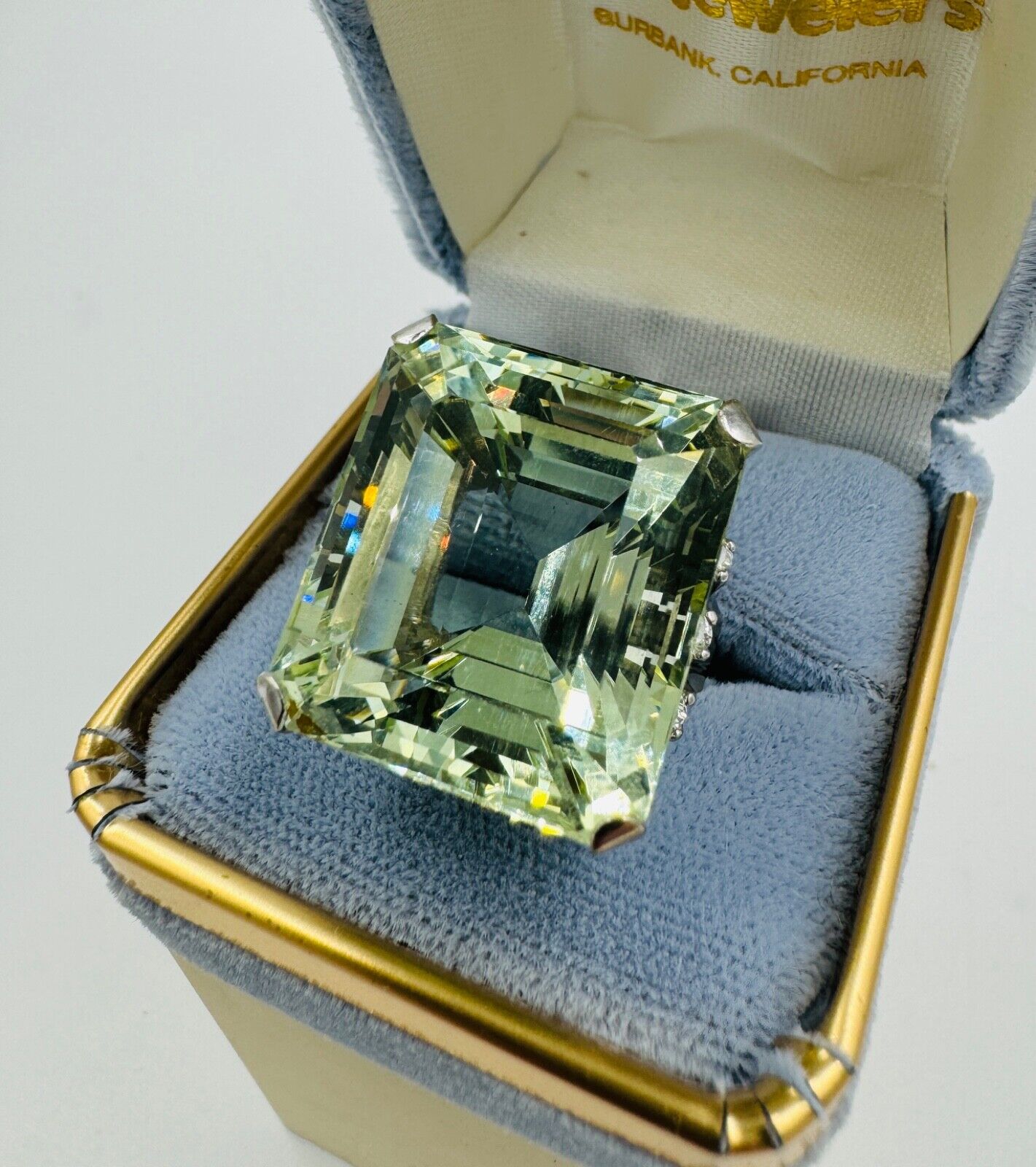 Huge Emerald Cut Green Beryl 14K White Gold Cocktail Ring