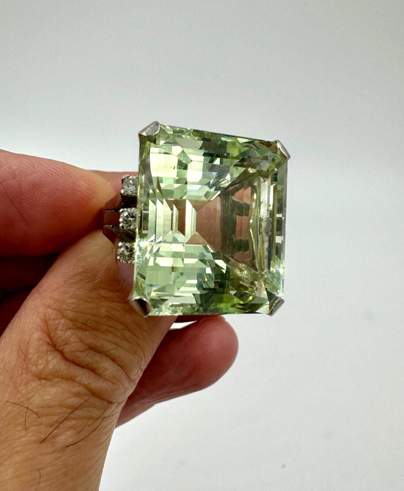 Huge Emerald Cut Green Beryl 14K White Gold Cocktail Ring