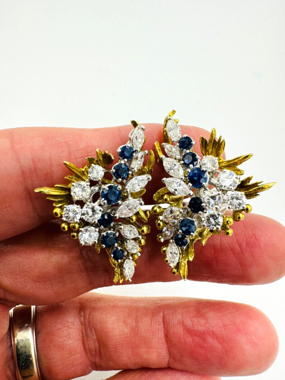 Estate 18k / Platinum Diamond Sapphire Earrings Circa 1970's