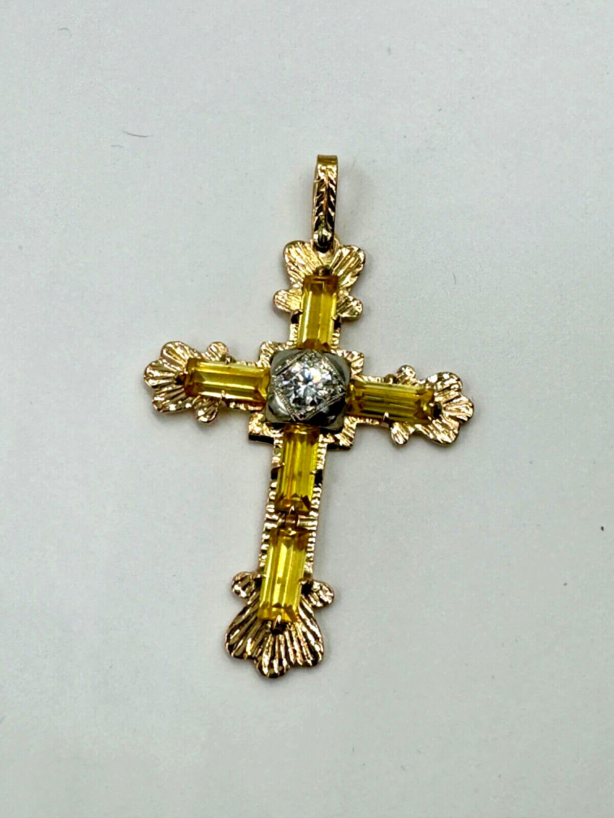 Estate Italian 18k Yellow Gold Diamond and Yellow Stone Cross Pendant