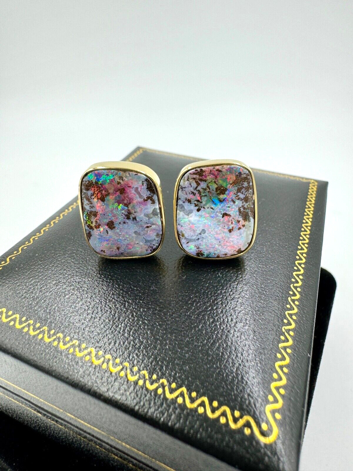 Estate 18k Yellow Gold Boulder Opal Clip On Post Earrings