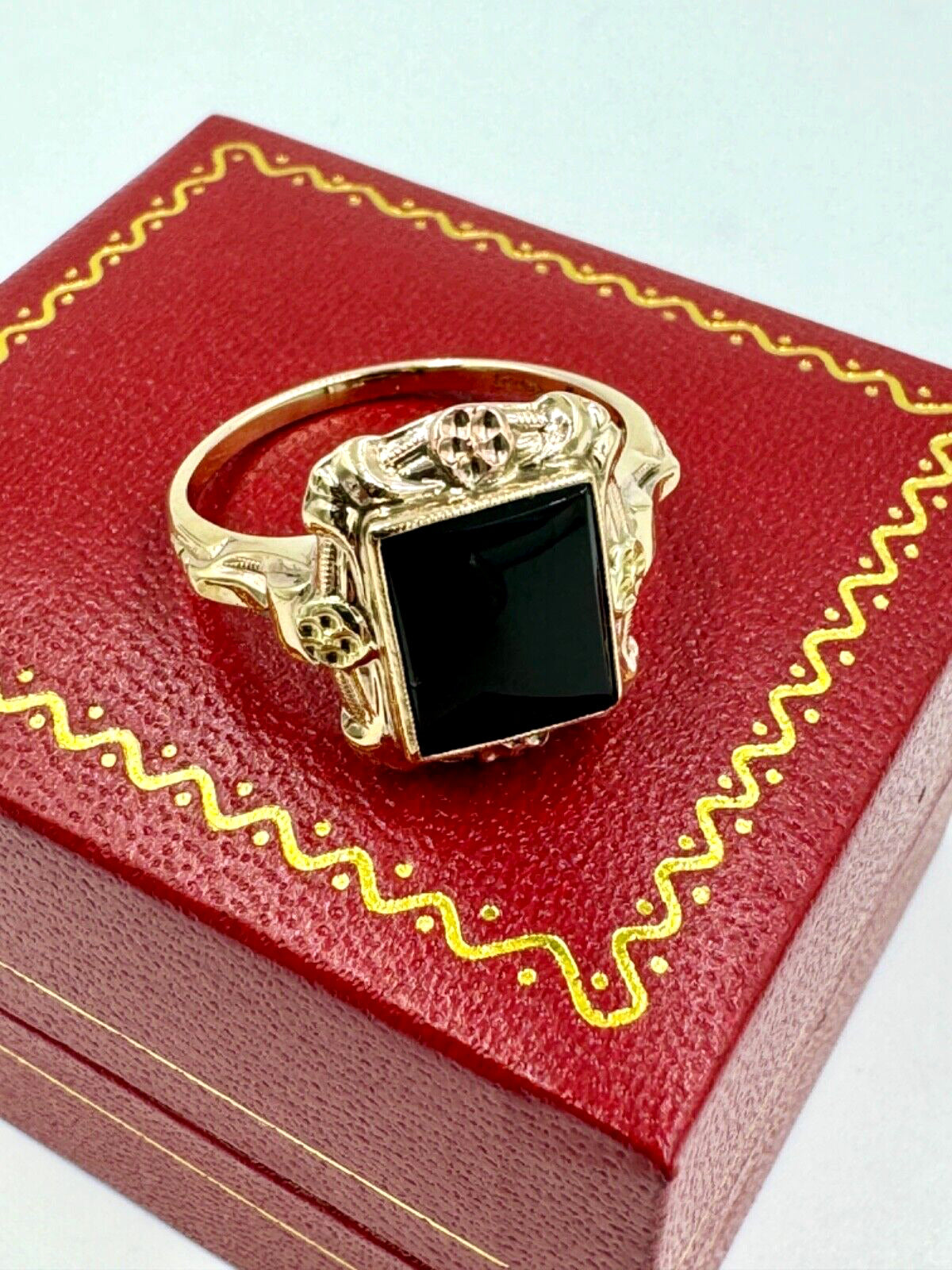 Art Deco 10K Tri Color Gold Onyx Ring