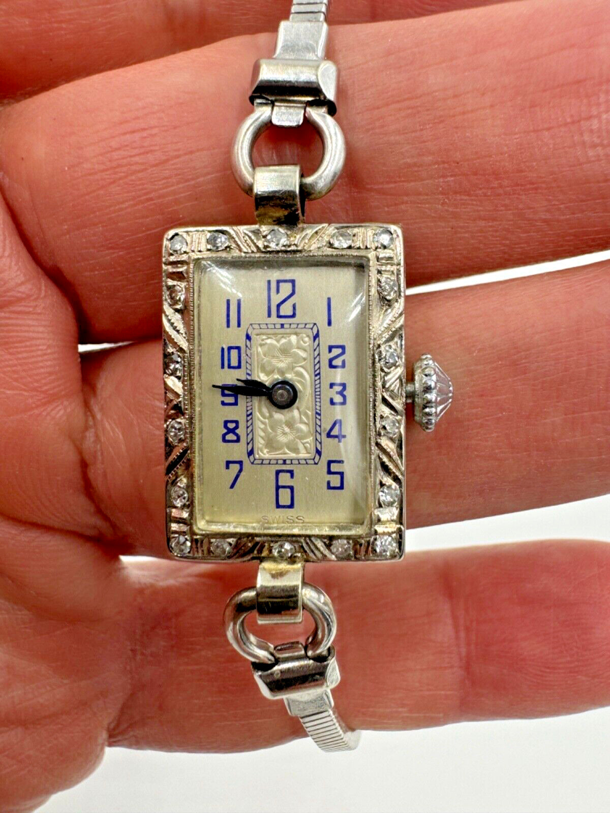 URCO Art Deco 18K White Gold Diamond case Watch Running